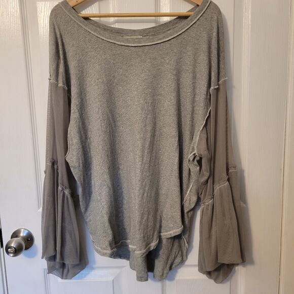 Free People Still Got it Gray Mesh Bell Sleeve Oversized Boho Top Medium M - Picture 1 of 6